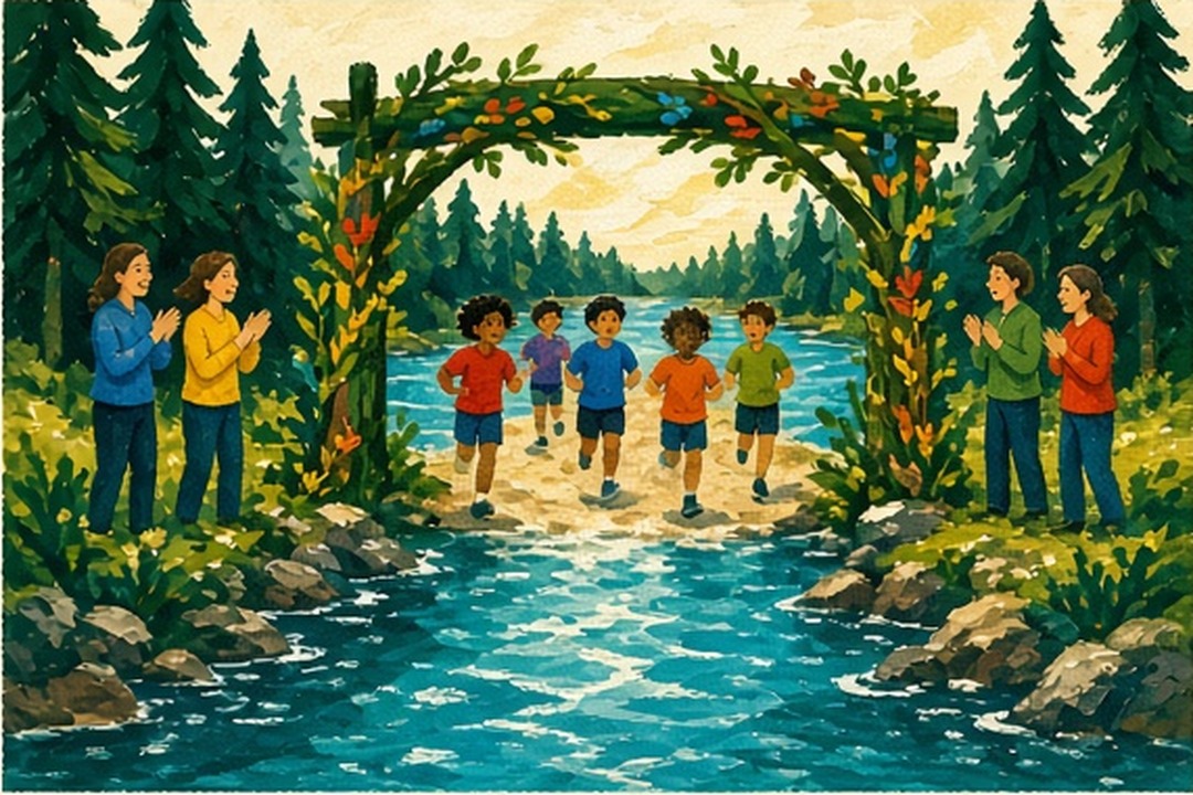 A hand-painted river gate opening onto a youth running trail
