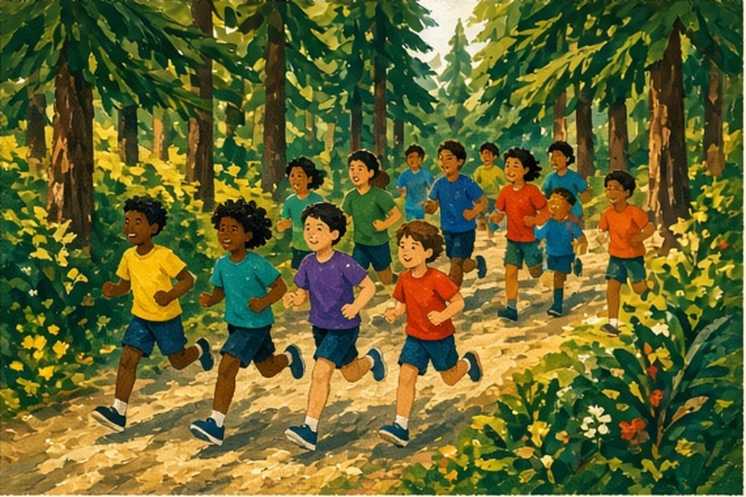 A hand-painted youth running group growing together along a cedar-lined trail