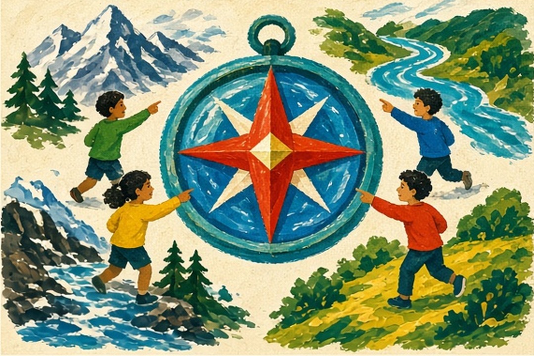 A hand-painted compass above several fictional running terrains