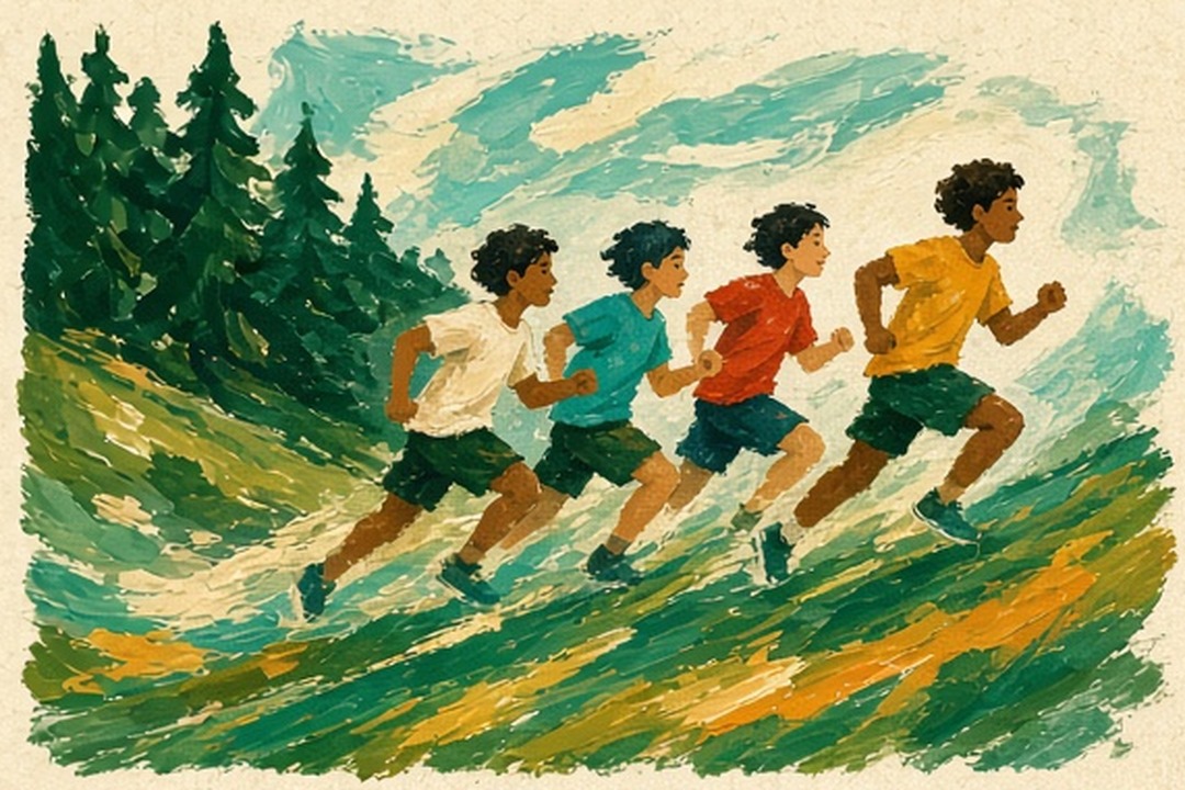 Four colorful painted running cards arranged into a Stride Ribbon