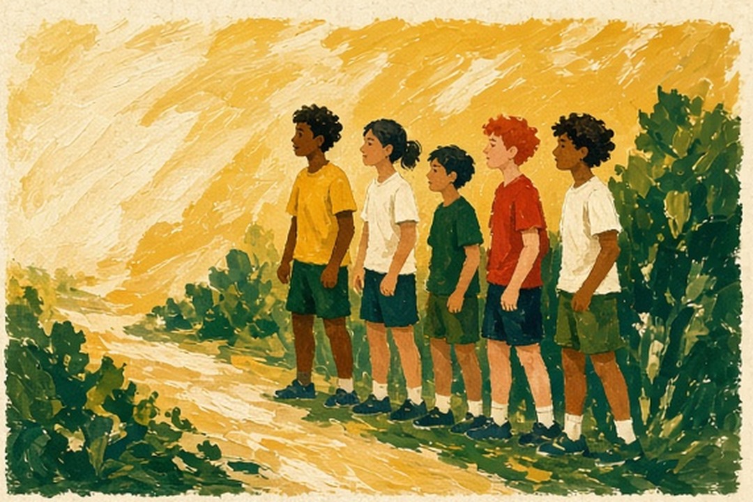 Young runners using supportive team language on a painted trail