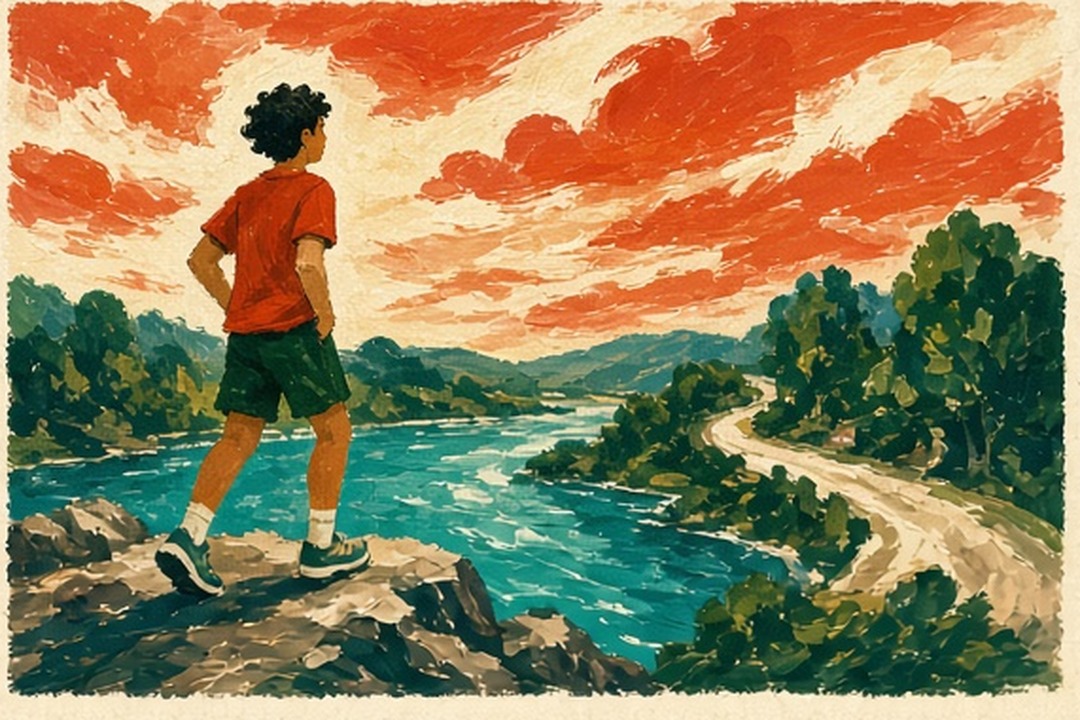 A painted running ribbon returning to a quiet camp reflection board