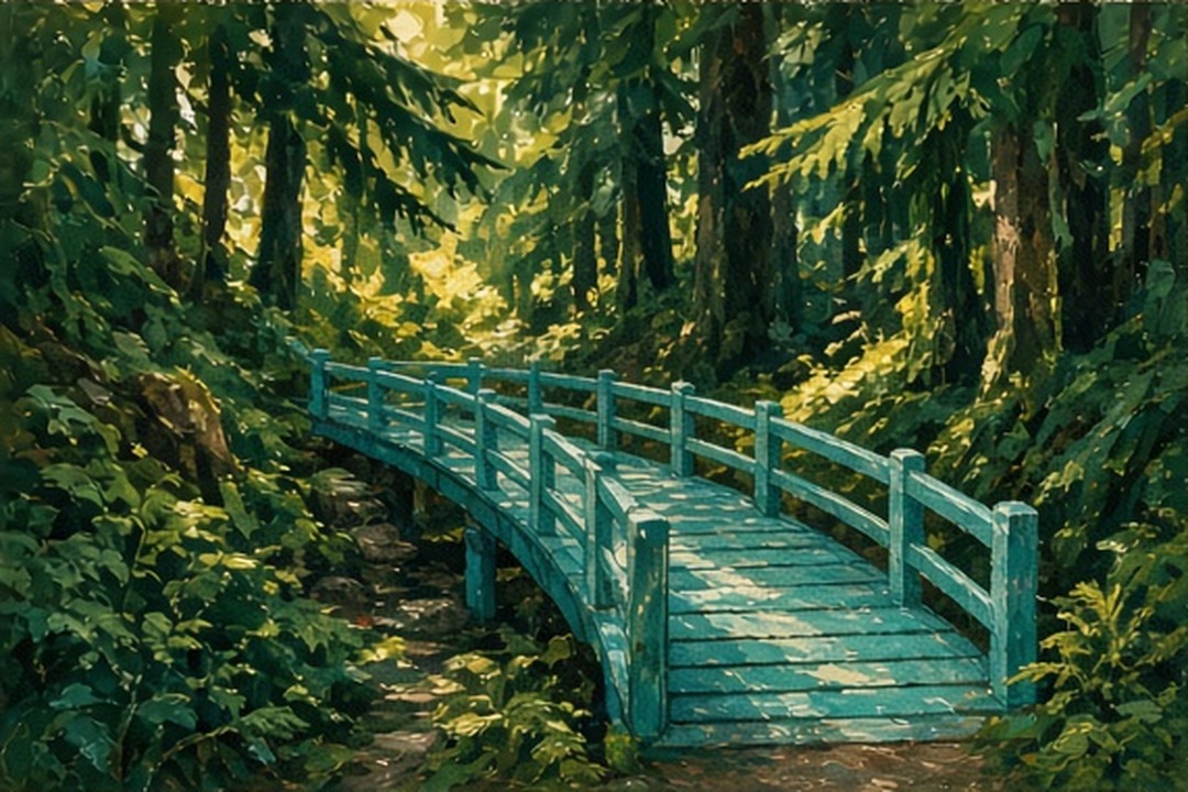 A painted offline footbridge carrying bundled Riverstride content